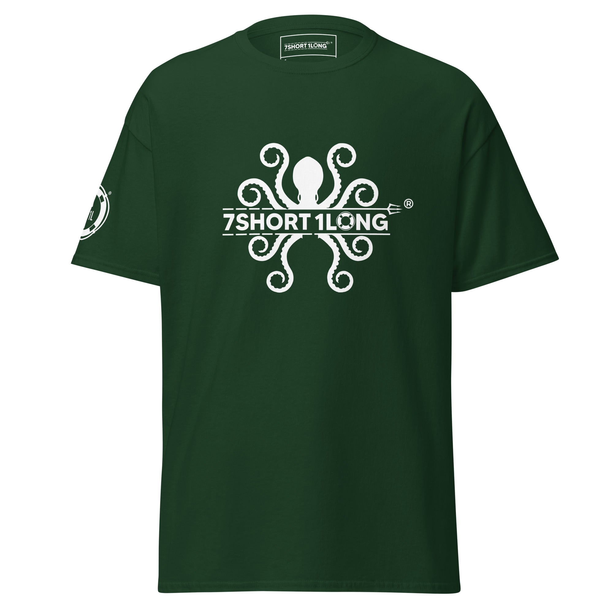 Green Kraken Seafarer Nautical T-Shirt with detailed octopus design and 7SHORT1LONG logo, sea creature apparel