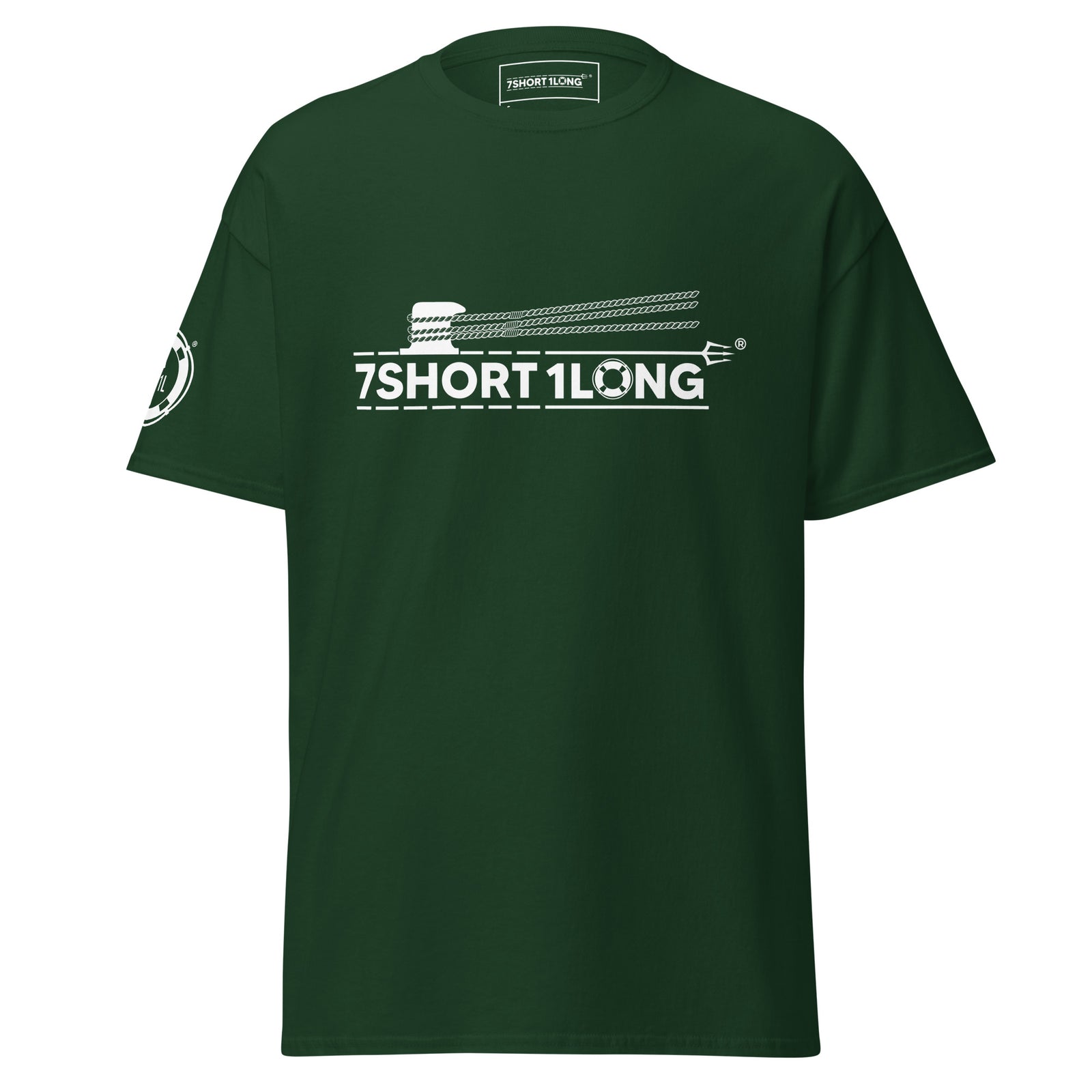 Green Deck Hand Seafarer Nautical T-Shirt with 7SHORT1LONG mooring operation design, nautical streetwear clothing