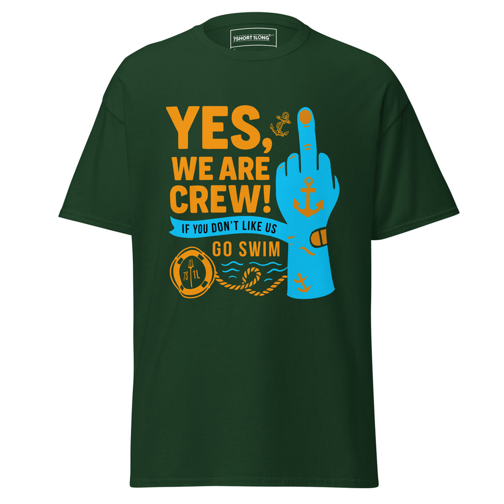 Unisex forest green crew T-shirt with a bold middle finger graphic by 7SHORT1LONG® on the front.