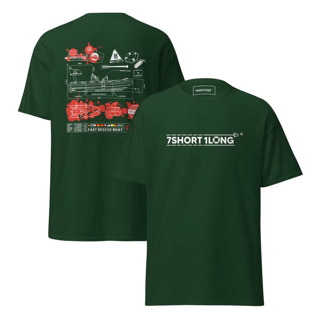 Unisex forest green T-shirt with nautical rescue boat graphic on front and back, by 7SHORT1LONG®.