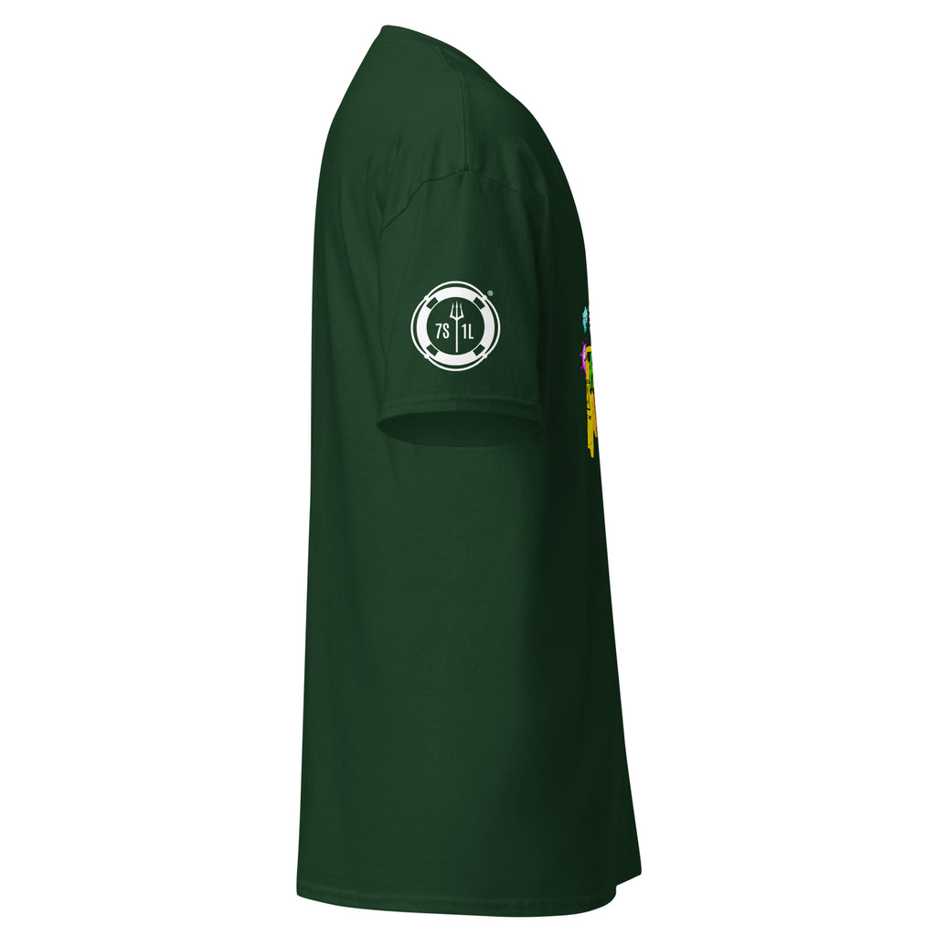 Unisex forest green housekeeping department T-shirt by 7SHORT1LONG® with a classic fit and crew neckline.