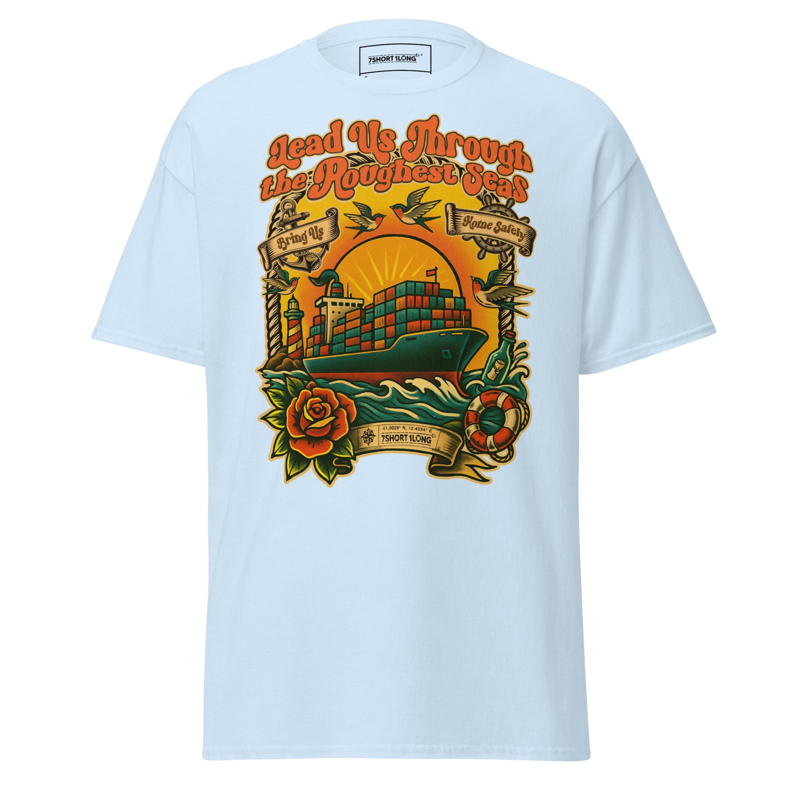 Light blue unisex T-shirt featuring a Container Ship Seafarer tattoo design by 7SHORT1LONG®. Classic crew neck style.