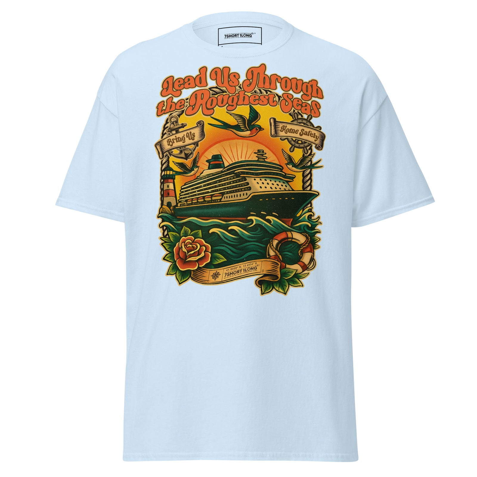 Light blue unisex Cruise Ship Seafarer Tattoo T-Shirt by 7SHORT1LONG® featuring nautical tattoo designs on the front.