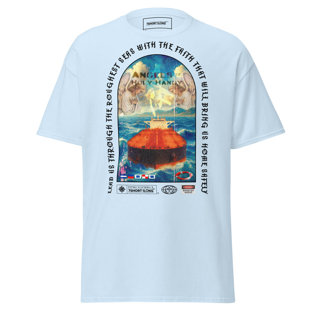Light blue Christian Angel Protection Tanker T-Shirt by 7SHORT1LONG® featuring a front design, unisex classic fit.