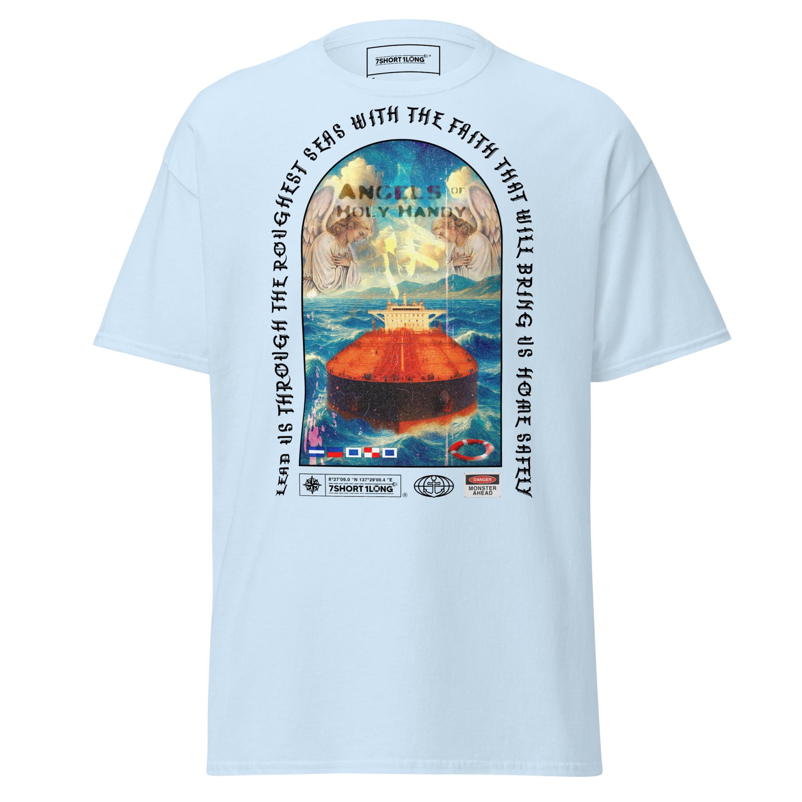 Light blue Christian Angel Protection Tanker T-Shirt by 7SHORT1LONG® featuring a front design, unisex classic fit.