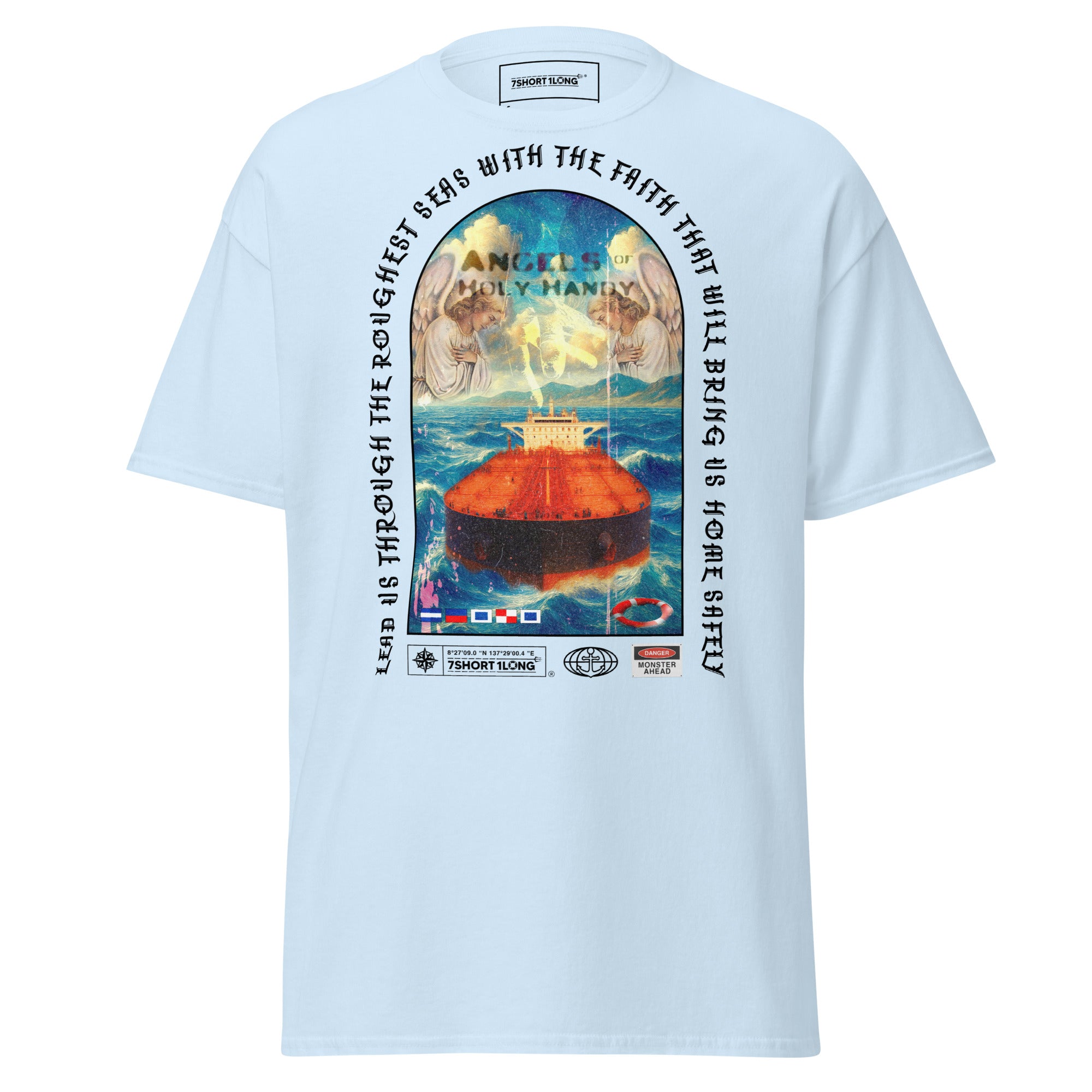 Light blue Christian Angel Protection Tanker T-Shirt by 7SHORT1LONG® featuring a front design, unisex classic fit.