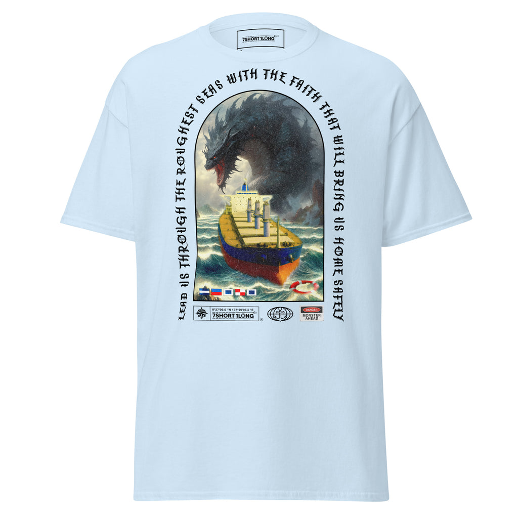 Light blue unisex Bulk Carrier T-Shirt by 7SHORT1LONG® featuring an ocean monster attack graphic on the front.