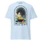 Light blue unisex Bulk Carrier T-Shirt by 7SHORT1LONG® featuring an ocean monster attack graphic on the front.