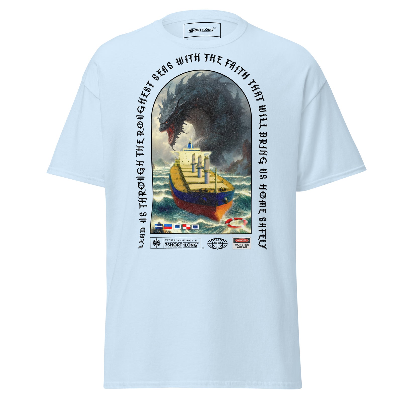 Light blue unisex Bulk Carrier T-Shirt by 7SHORT1LONG® featuring an ocean monster attack graphic on the front.
