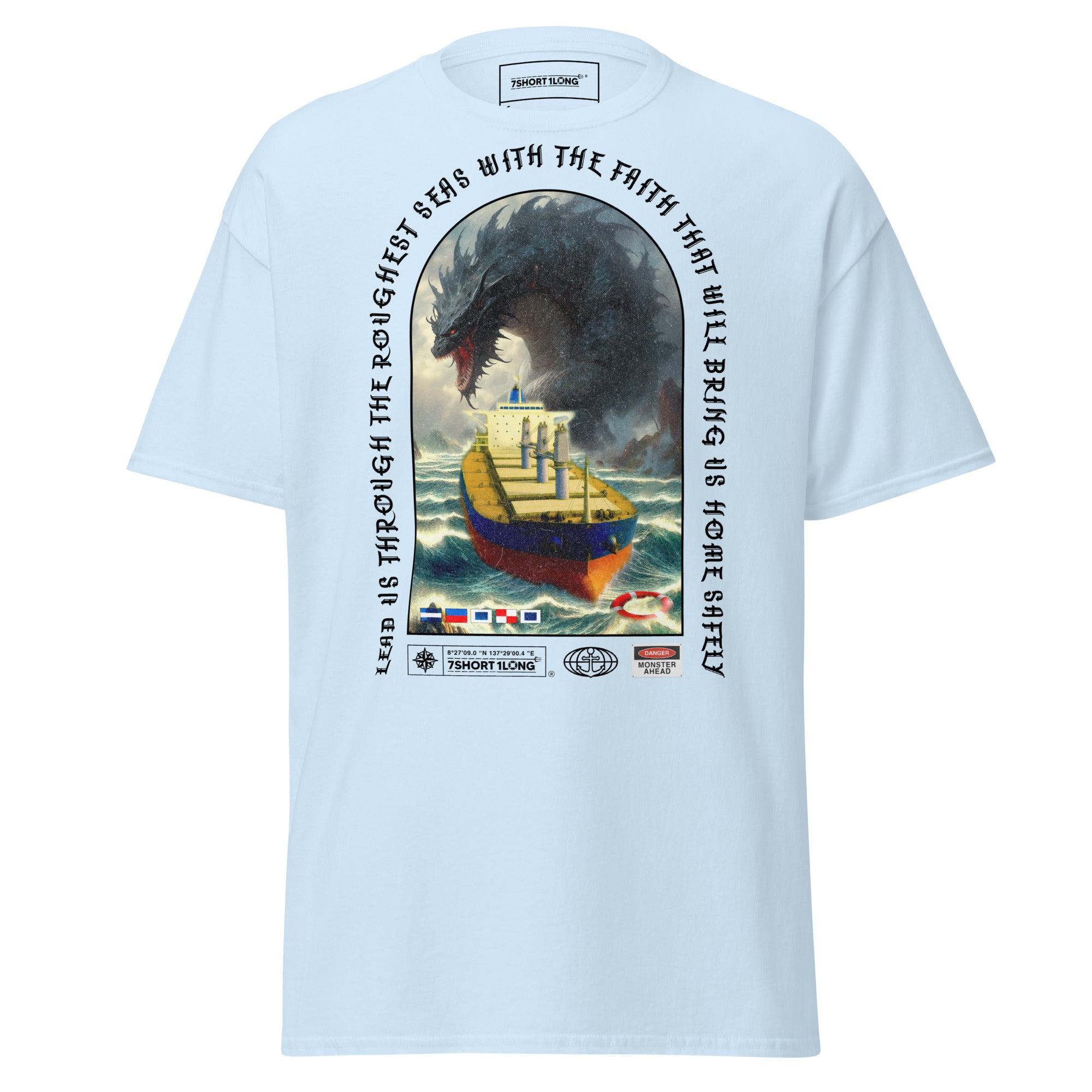 Light blue unisex Bulk Carrier T-Shirt by 7SHORT1LONG® featuring an ocean monster attack graphic on the front.