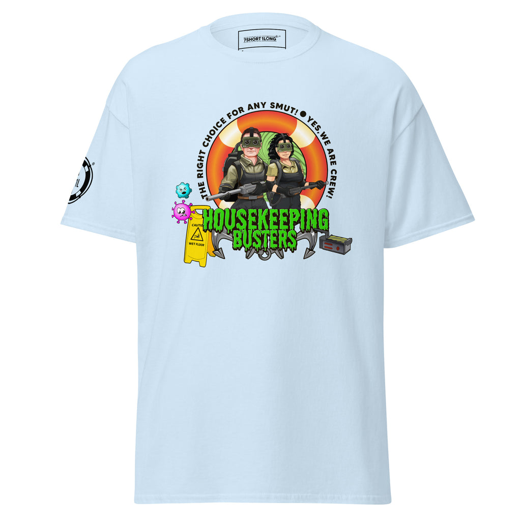 Light blue unisex housekeeping department T-shirt by 7SHORT1LONG®, front view showing classic crew neck and clean design.