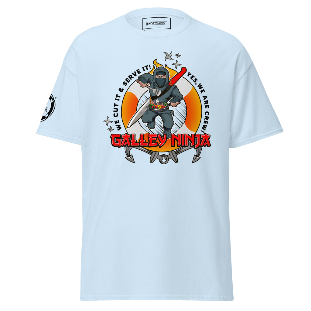 Light blue unisex maritime ship crew T-shirt by 7SHORT1LONG® with maritime-themed print on the front.