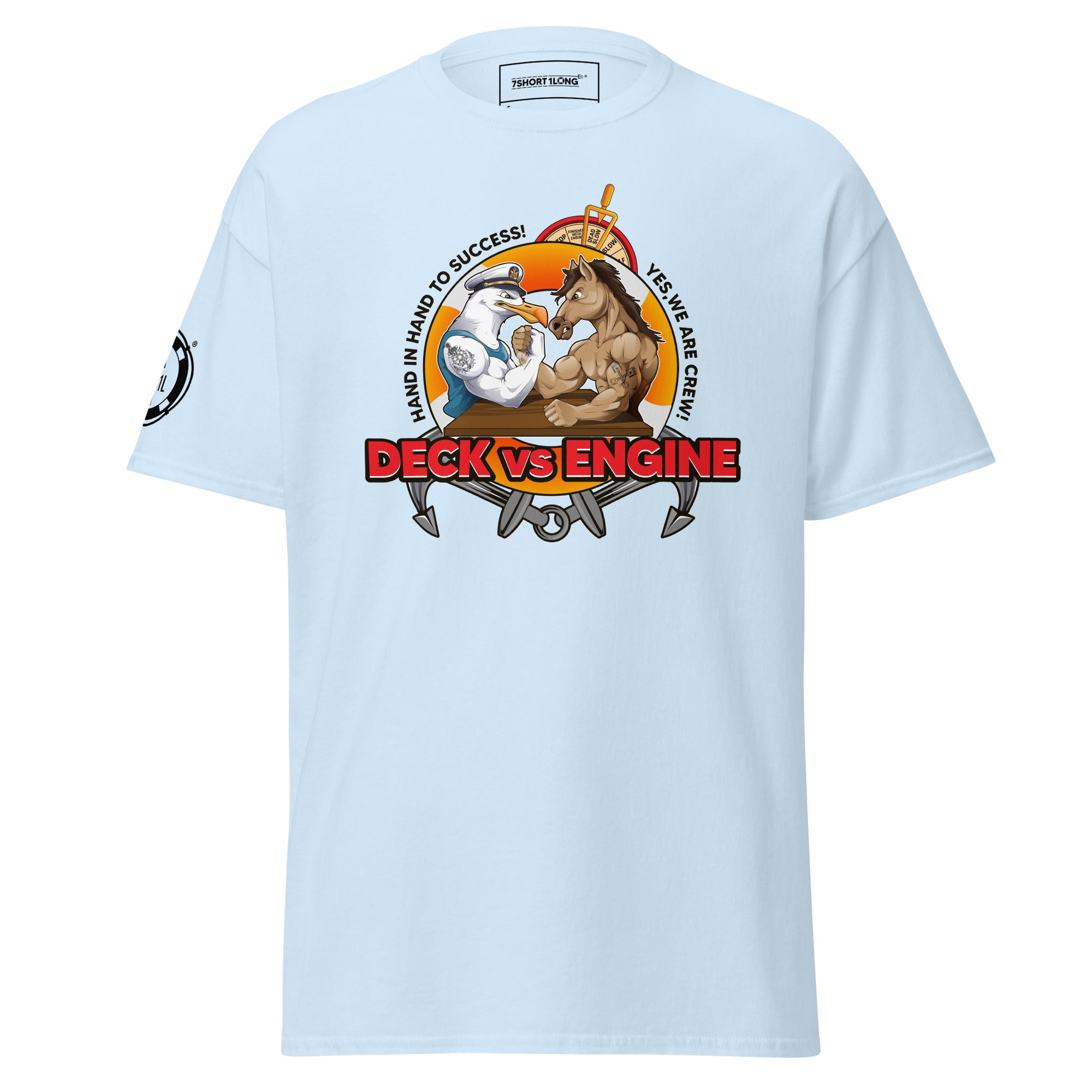 Light blue unisex Deck Vs Engine Department T-Shirt by 7SHORT1LONG® showing front view with classic fit. Hauptbild
