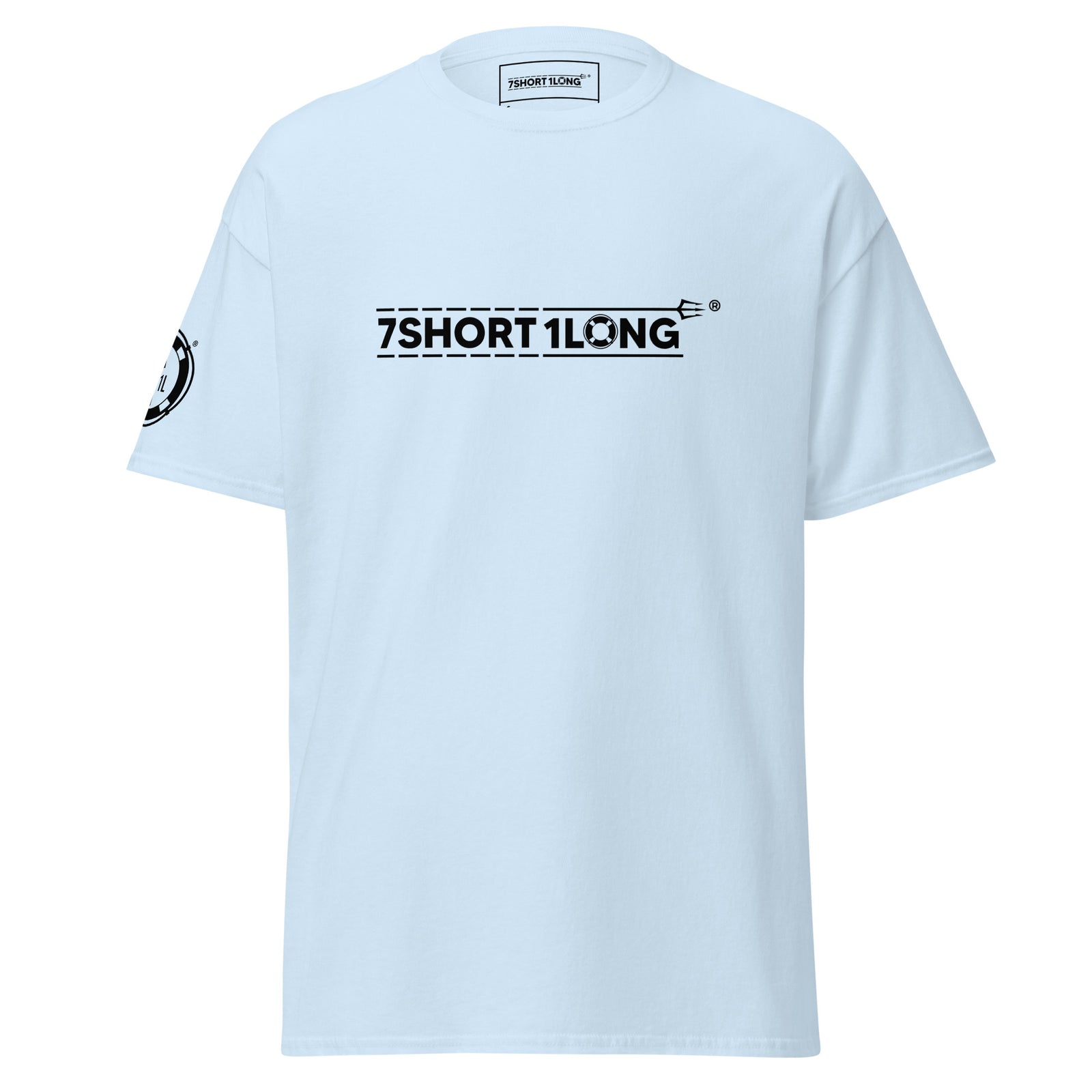 Light blue unisex Seafarer Emergency Signal T-Shirt by 7SHORT1LONG® with front graphic design.