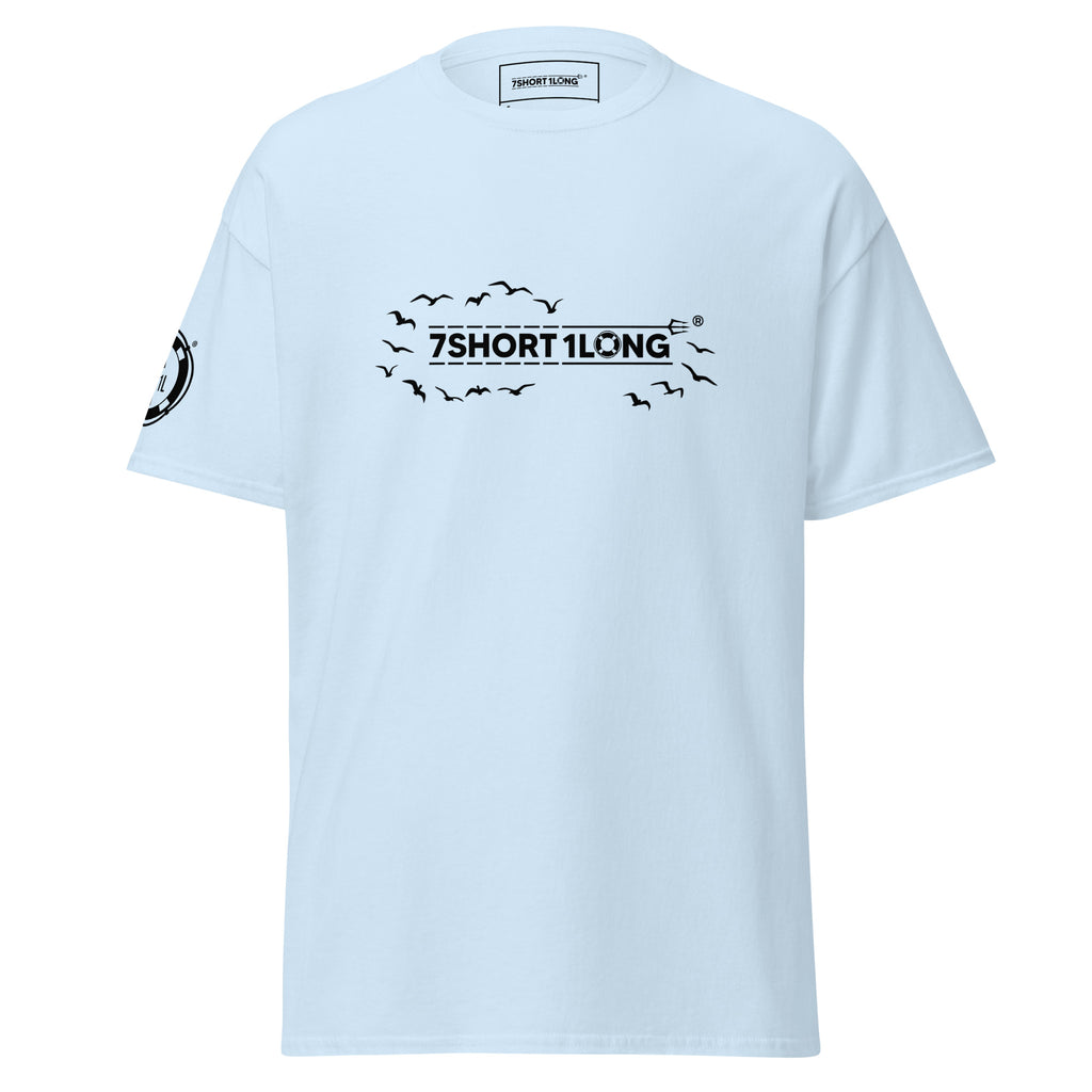 Light blue Seagull Club Maritime Seafarer T-Shirt with 7SHORT1LONG logo and flying birds design, ocean inspired apparel