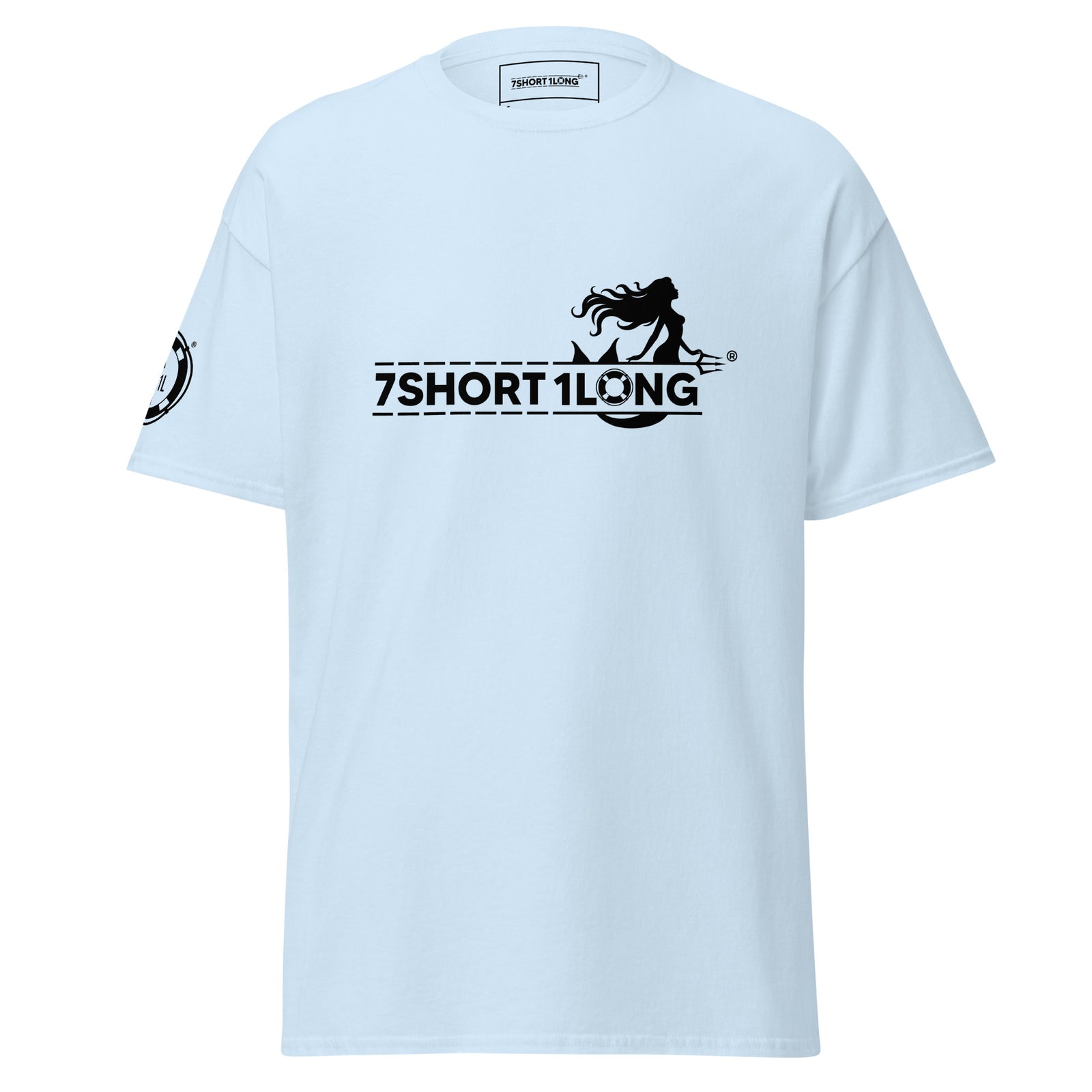 Light blue unisex Mermaid Club Nautical T-Shirt by 7SHORT1LONG® with a front graphic design, casual and comfortable fit.