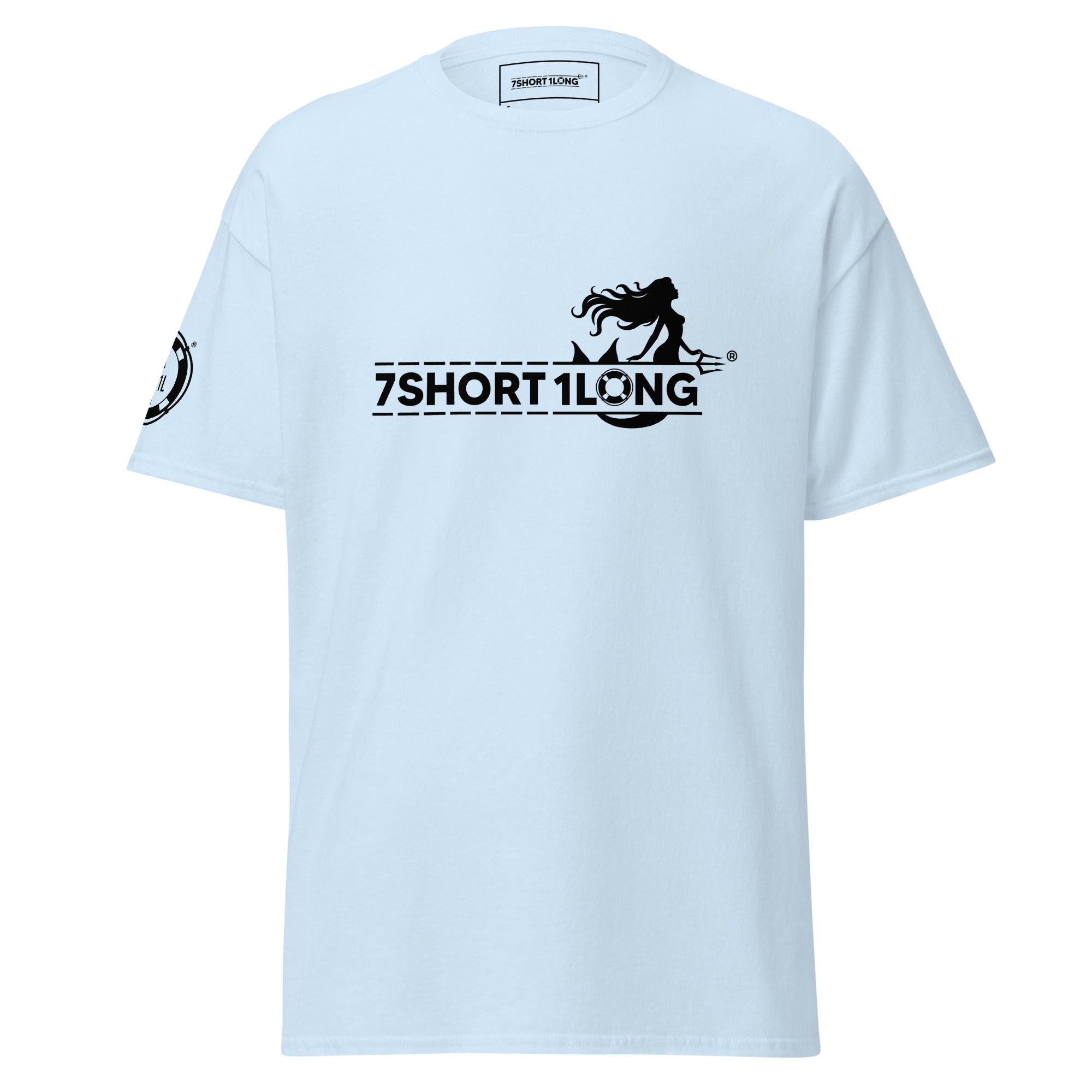 Lightblue Mermaid Club Nautical T-Shirt with mermaid graphic and 7SHORT1LONG branding, maritime streetwear tee