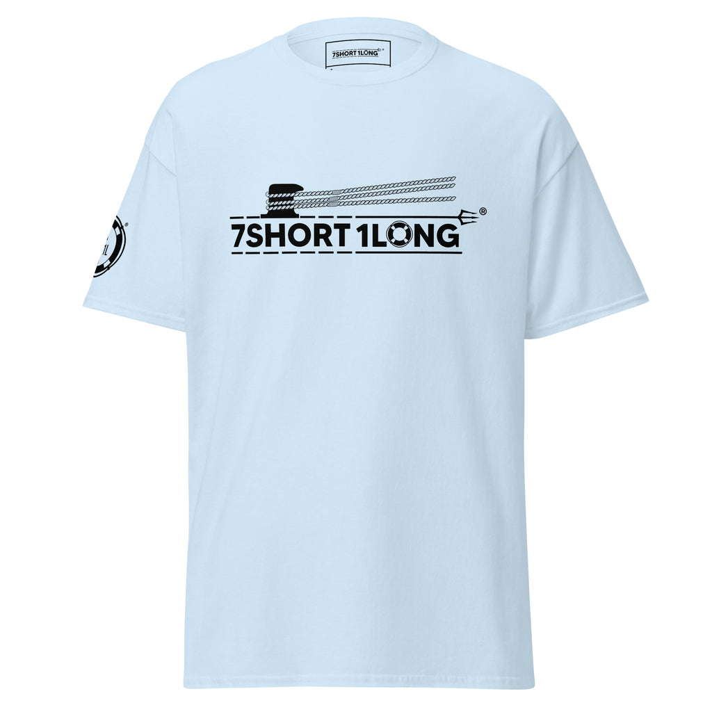 Light blue Deck Hand Seafarer Nautical T-Shirt with 7SHORT1LONG mooring design, inspired by ship deck operations