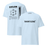 White or colored maritime T-shirt with Sailor Day Circle crew design on back and 7SHORT1LONG logo on front, illustrating daily routines, long contracts at sea, and seafarer life with limited connectivity.