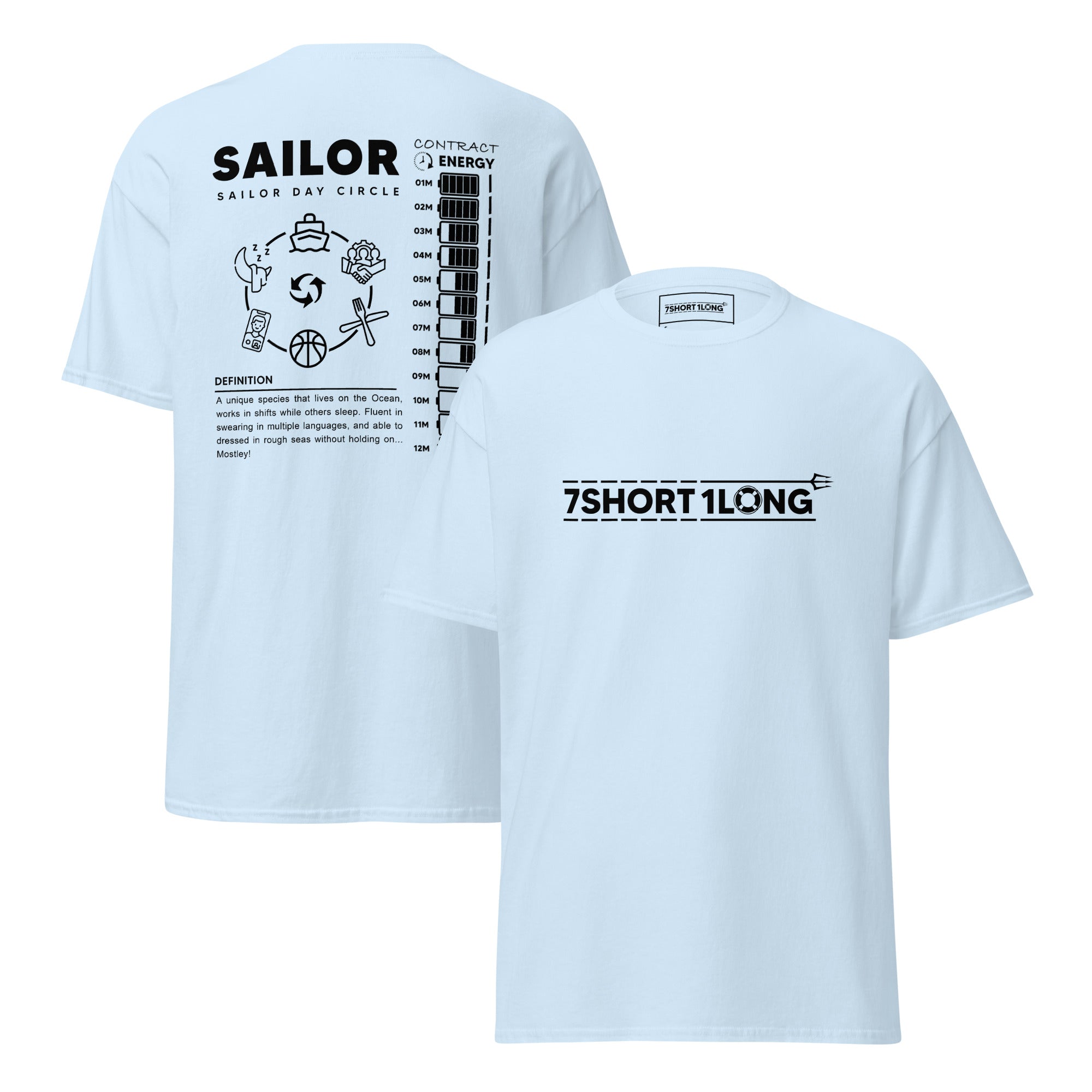 White or colored maritime T-shirt with Sailor Day Circle crew design on back and 7SHORT1LONG logo on front, illustrating daily routines, long contracts at sea, and seafarer life with limited connectivity.