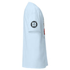 Light blue unisex Ship Security Department T-shirt by 7SHORT1LONG® featuring a classic crew neck and printed ship security design.