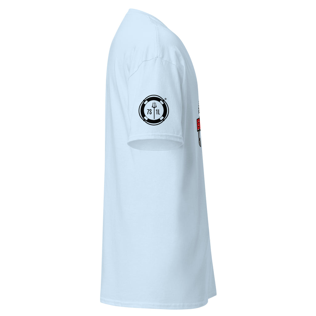 Light blue unisex Deck Vs Engine Department T-shirt by 7SHORT1LONG®, featuring bold graphic design on the front.