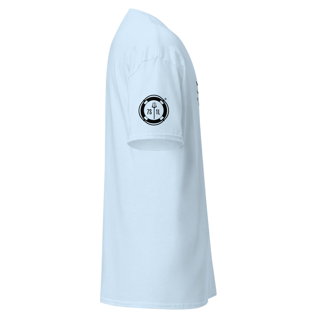 Light blue Seagull Club Maritime Seafarer T-Shirt with 7SHORT1LONG logo and flying birds design, ocean inspired apparel