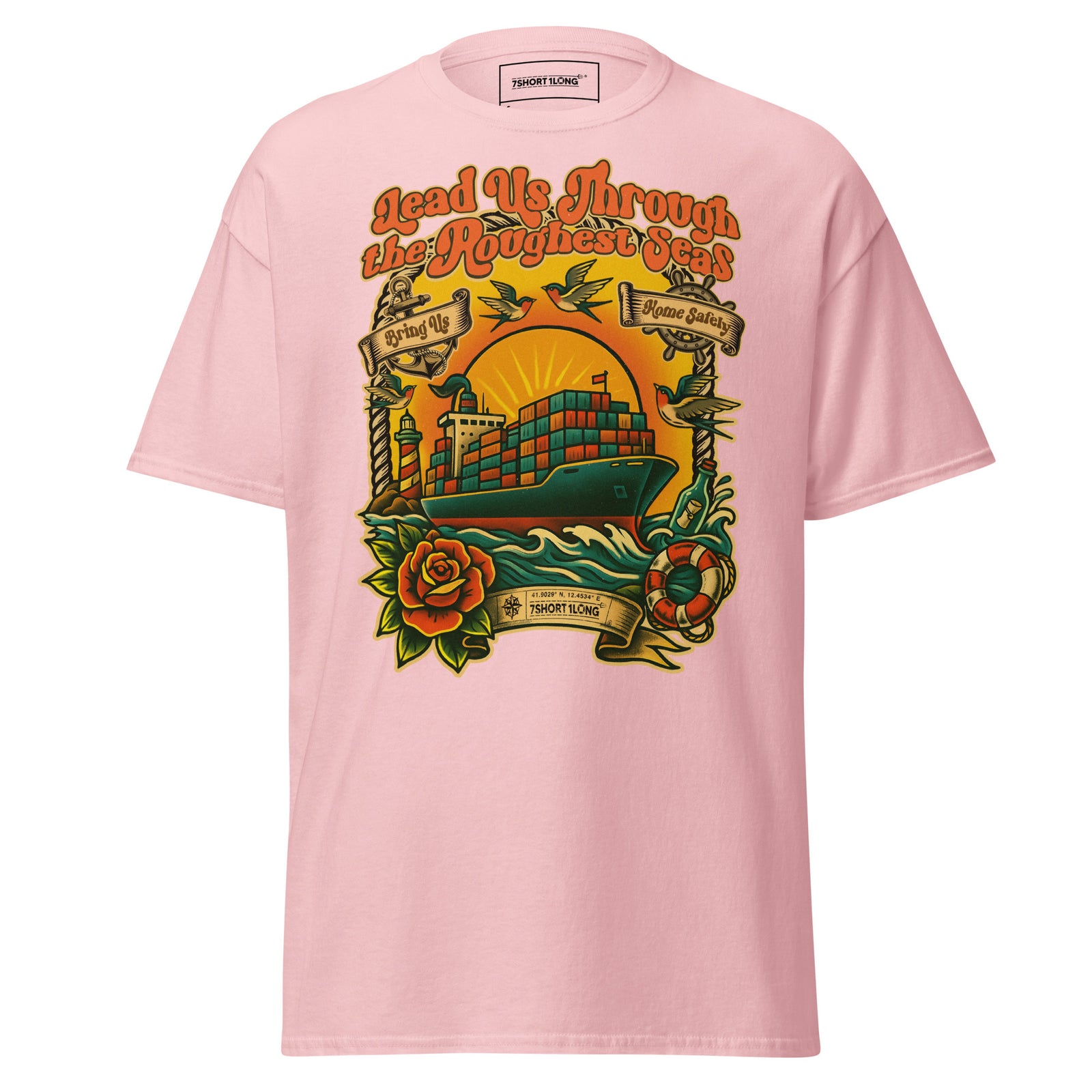 Light pink unisex Container Ship Seafarer Tattoo T-Shirt by 7SHORT1LONG® featuring a nautical ship design on the front.