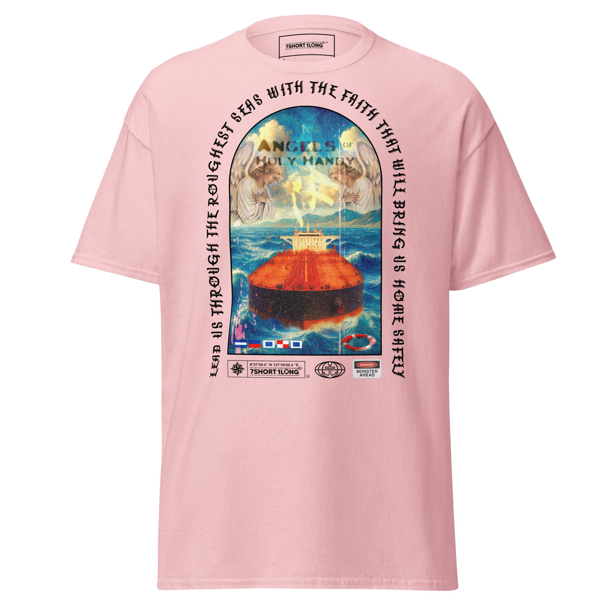 Light pink Christian Angel Protection Tanker T-Shirt by 7SHORT1LONG®, featuring a unisex classic fit with angel protection graphic on front. Main image