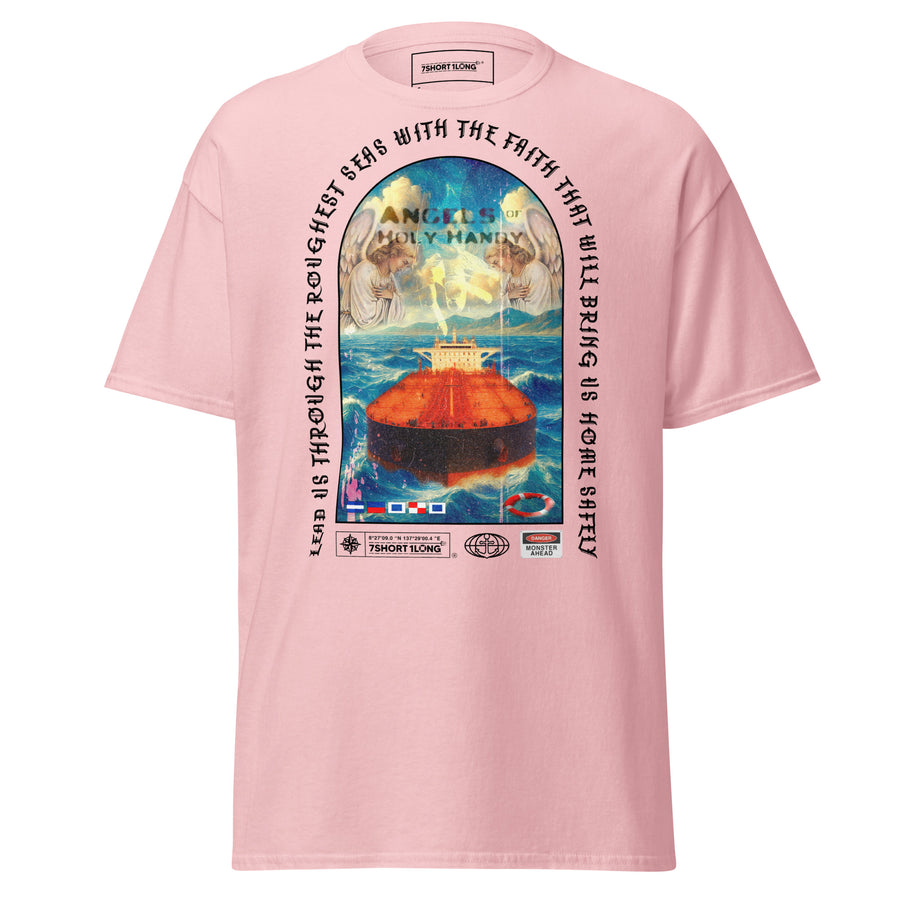 Light pink Christian Angel Protection Tanker T-Shirt by 7SHORT1LONG®, featuring a unisex classic fit with angel protection graphic on front.