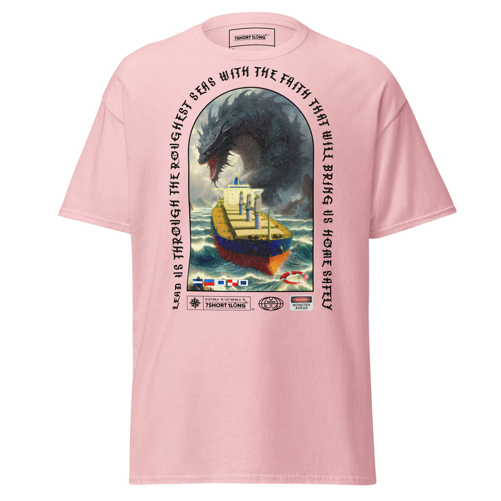 Light pink unisex Bulk Carrier T-Shirt by 7SHORT1LONG® featuring ocean monster attack graphic on the front.