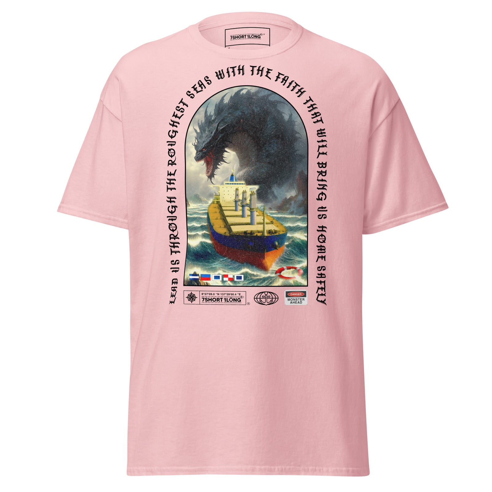Light pink unisex Bulk Carrier T-Shirt by 7SHORT1LONG® featuring ocean monster attack graphic on the front.