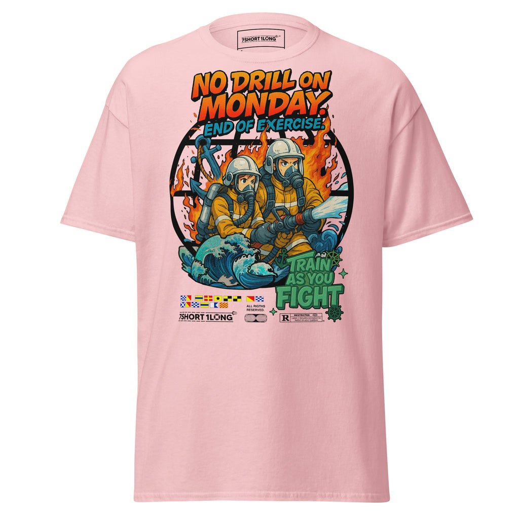 Light pink unisex Fire Drill T-Shirt with Safety at Sea Nautical Crew design by 7SHORT1LONG®, featuring nautical symbols on the front.