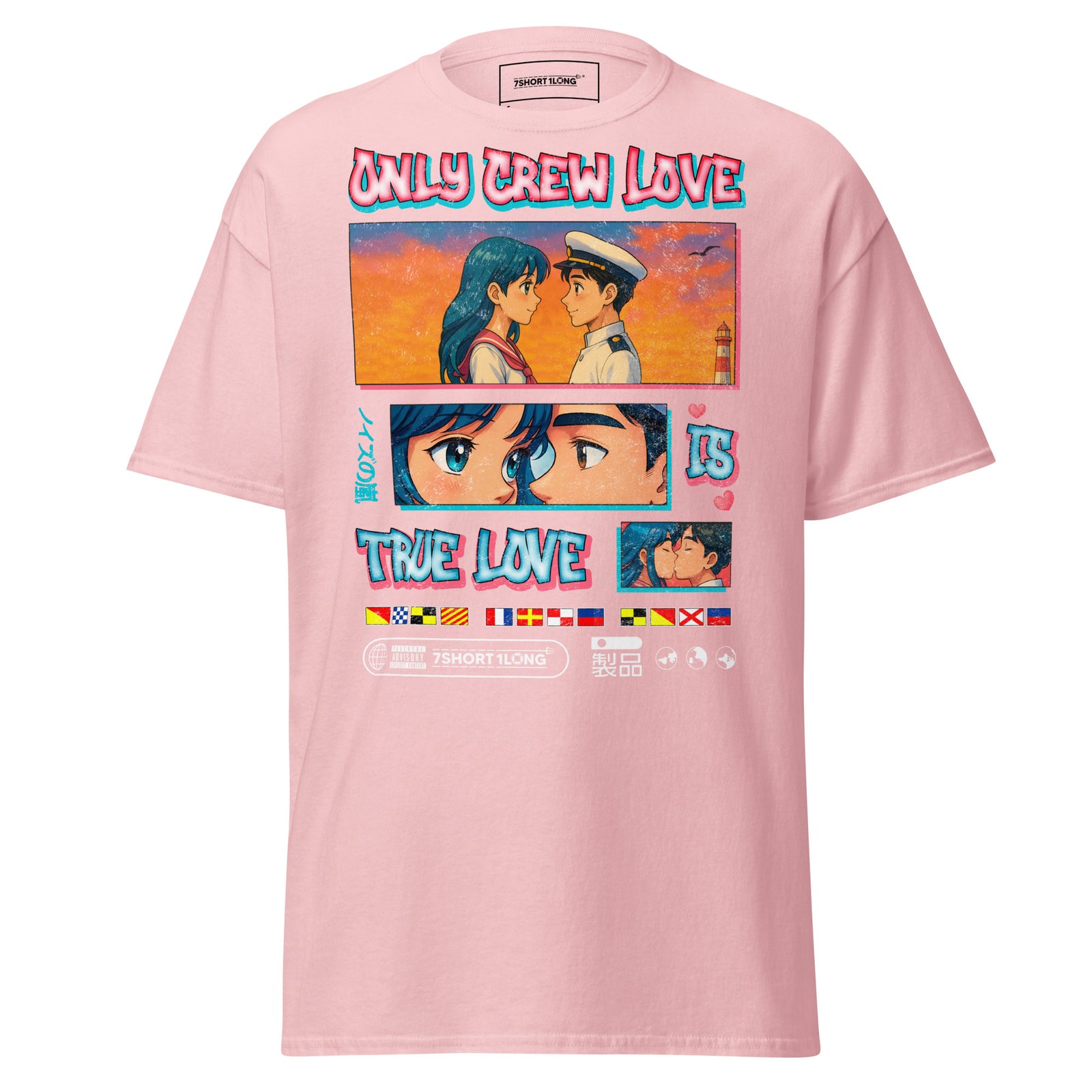 Light pink unisex Sailor T-shirt from 7SHORT1LONG® featuring anime-inspired seafarer design and the phrase "Only Crew Love Is True Love."