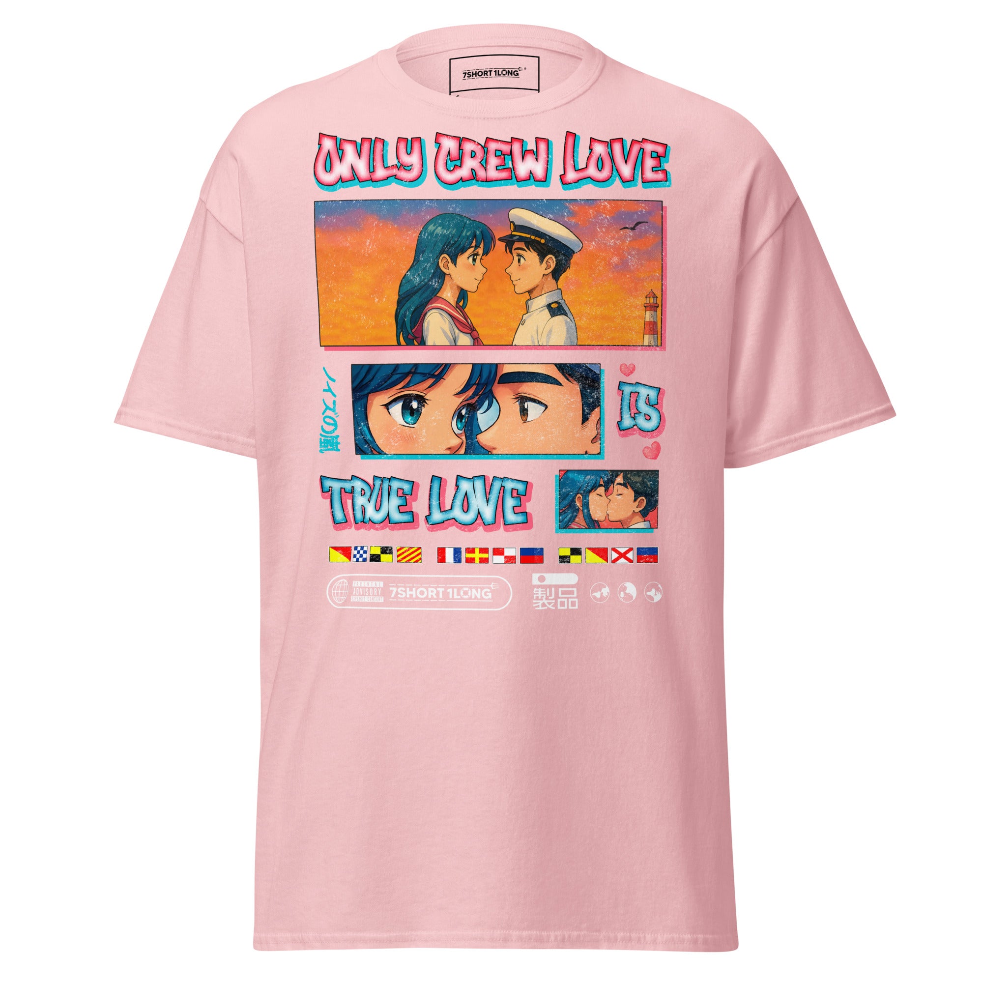Light pink unisex Sailor T-shirt from 7SHORT1LONG® featuring anime-inspired seafarer design and the phrase "Only Crew Love Is True Love."