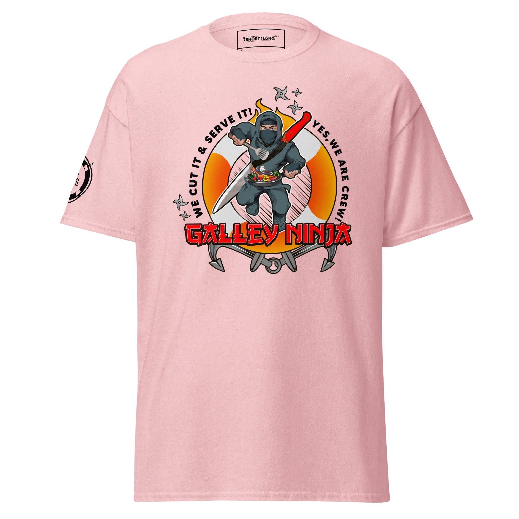 Light pink unisex Galley Department Maritime Ship Crew T-shirt by 7SHORT1LONG® with maritime-themed front design.