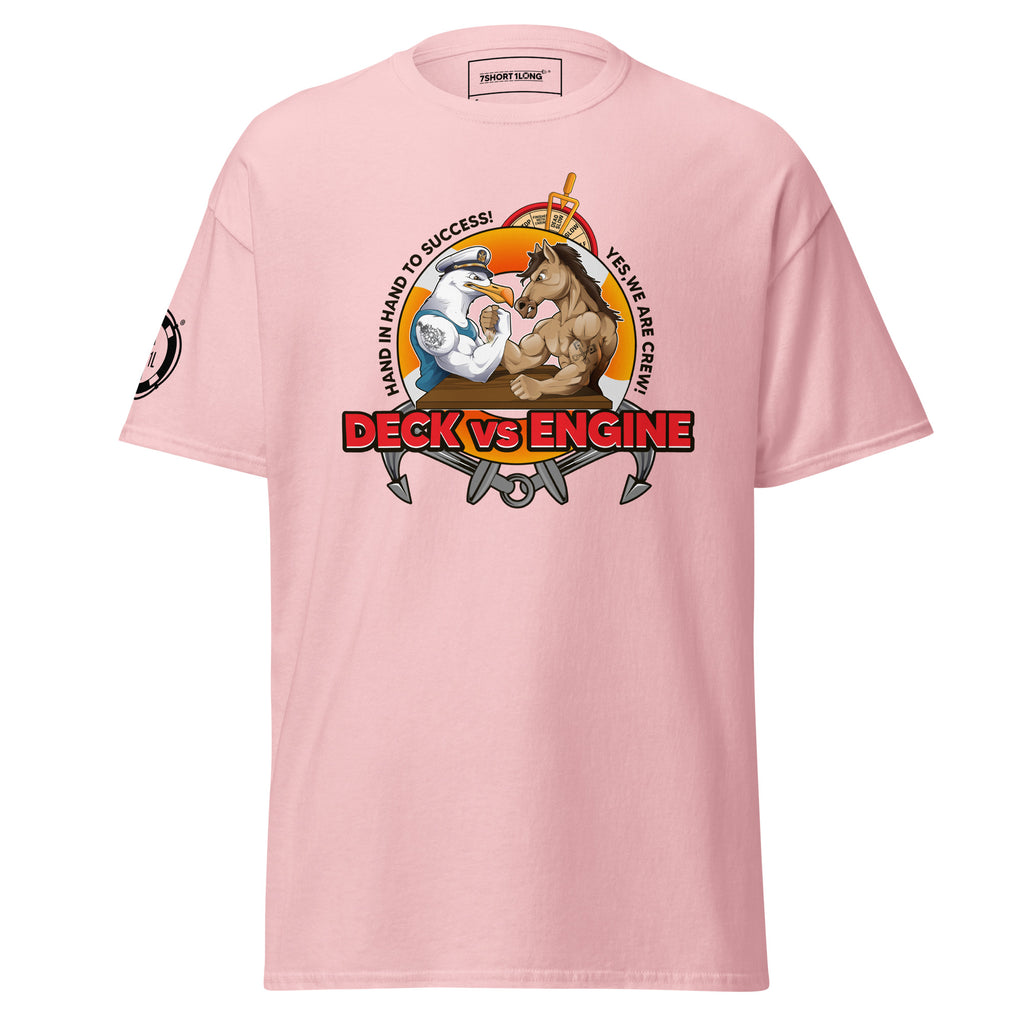 Light pink unisex Deck Vs Engine Department T-shirt by 7SHORT1LONG® with front graphic design.
