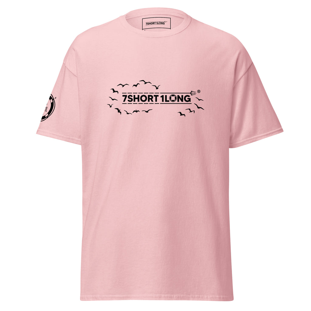 Pink Seagull Club Maritime Seafarer T-Shirt with flying seagull graphic and 7SHORT1LONG logo, modern marine streetwear