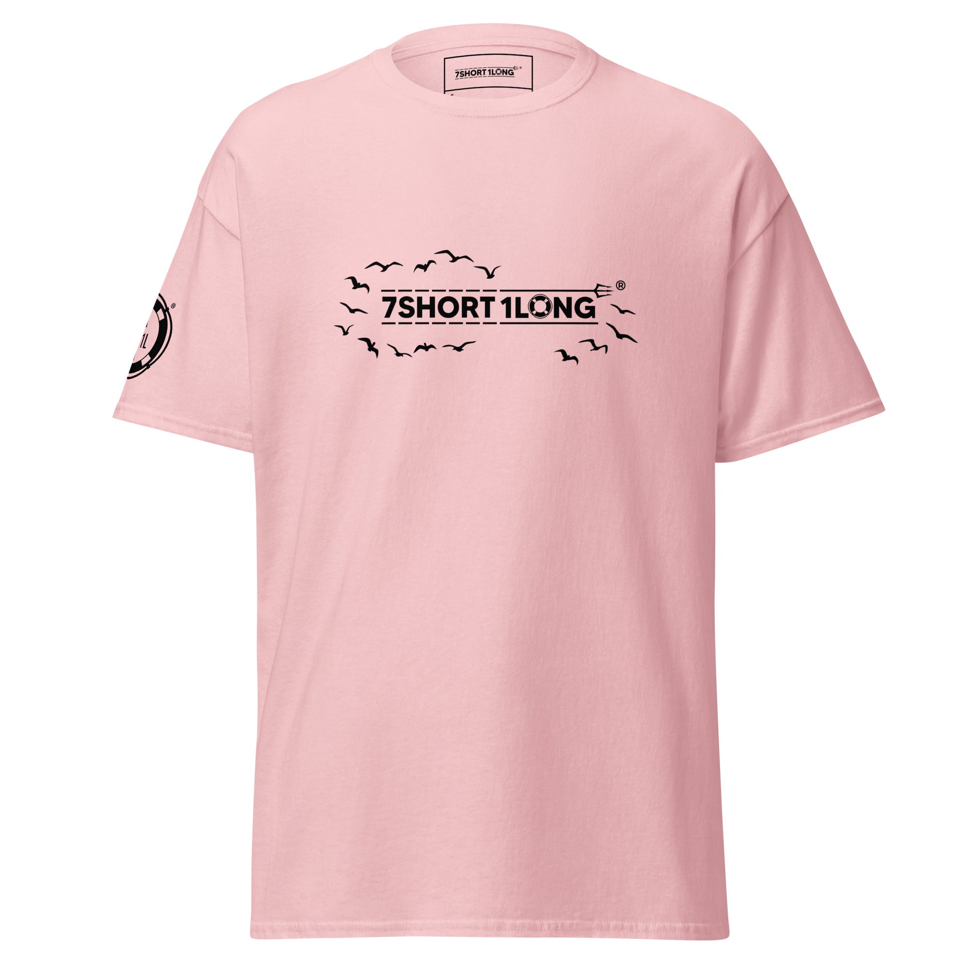 Pink Seagull Club Maritime Seafarer T-Shirt with flying seagull graphic and 7SHORT1LONG logo, modern marine streetwear