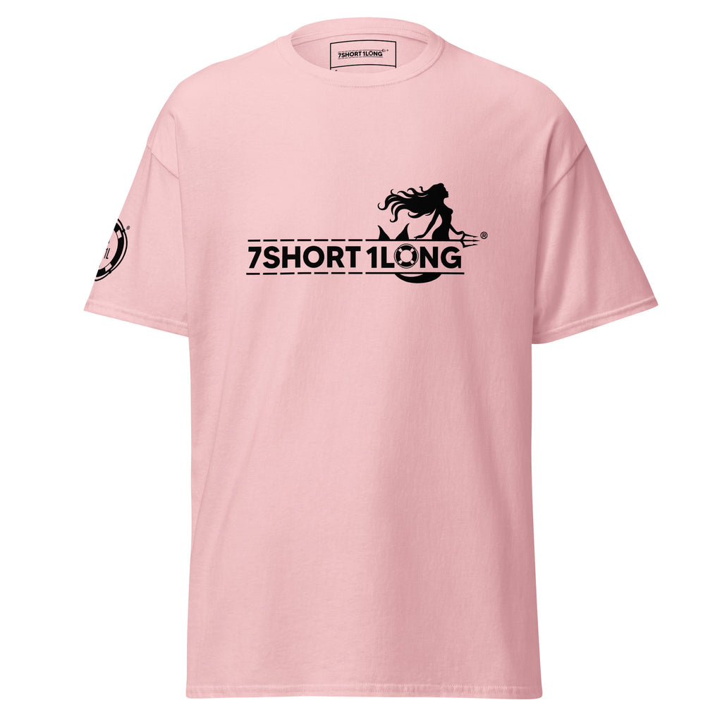 Pink Mermaid Club Nautical T-Shirt with 7SHORT1LONG logo and mermaid graphic, cruise ship lifestyle streetwear front view