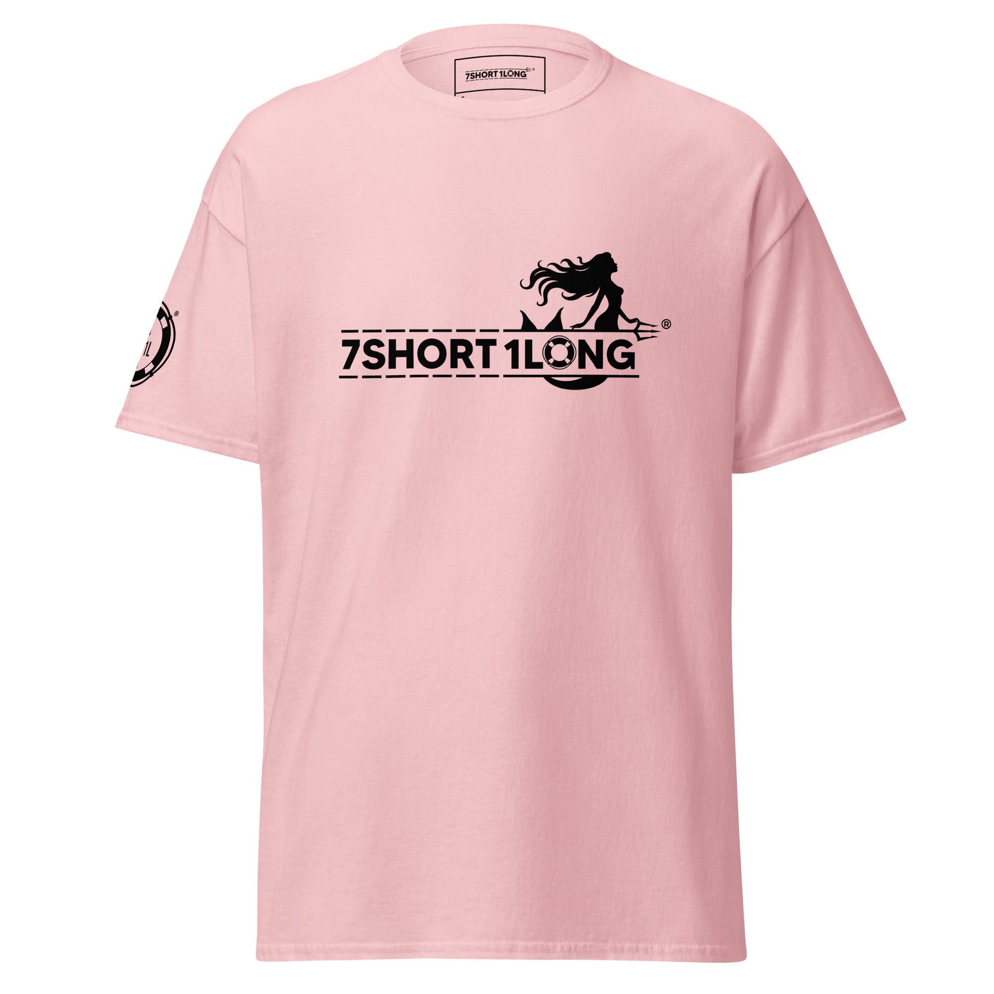 Pink Mermaid Club Nautical T-Shirt with 7SHORT1LONG logo and mermaid graphic, cruise ship lifestyle streetwear front view