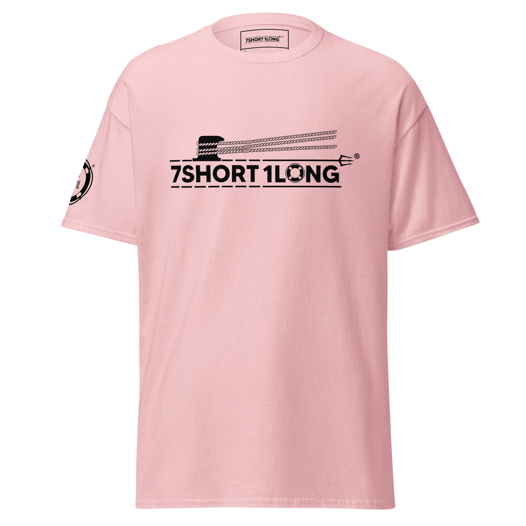 Pink Deck Hand Seafarer Nautical T-Shirt featuring 7SHORT1LONG mooring operation graphic, modern nautical fashion tee