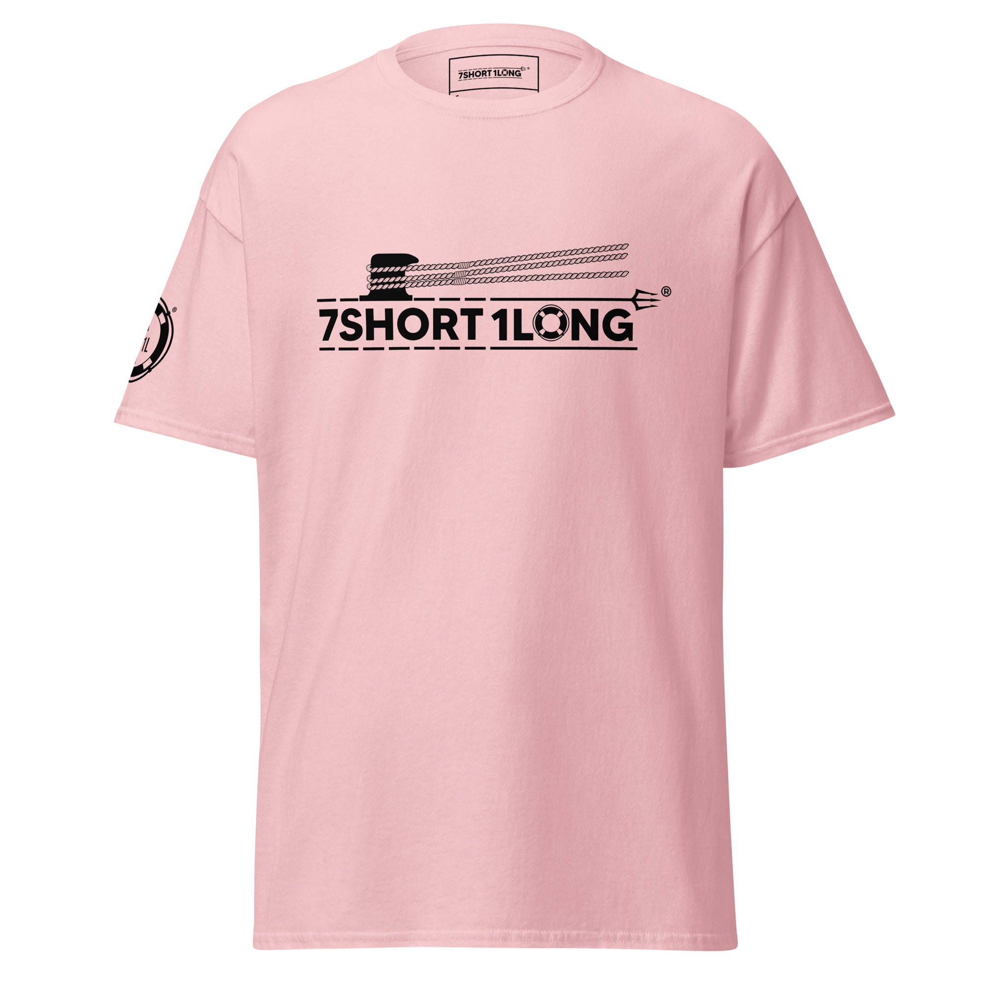 Pink Deck Hand Seafarer Nautical T-Shirt featuring 7SHORT1LONG mooring operation graphic, modern nautical fashion tee