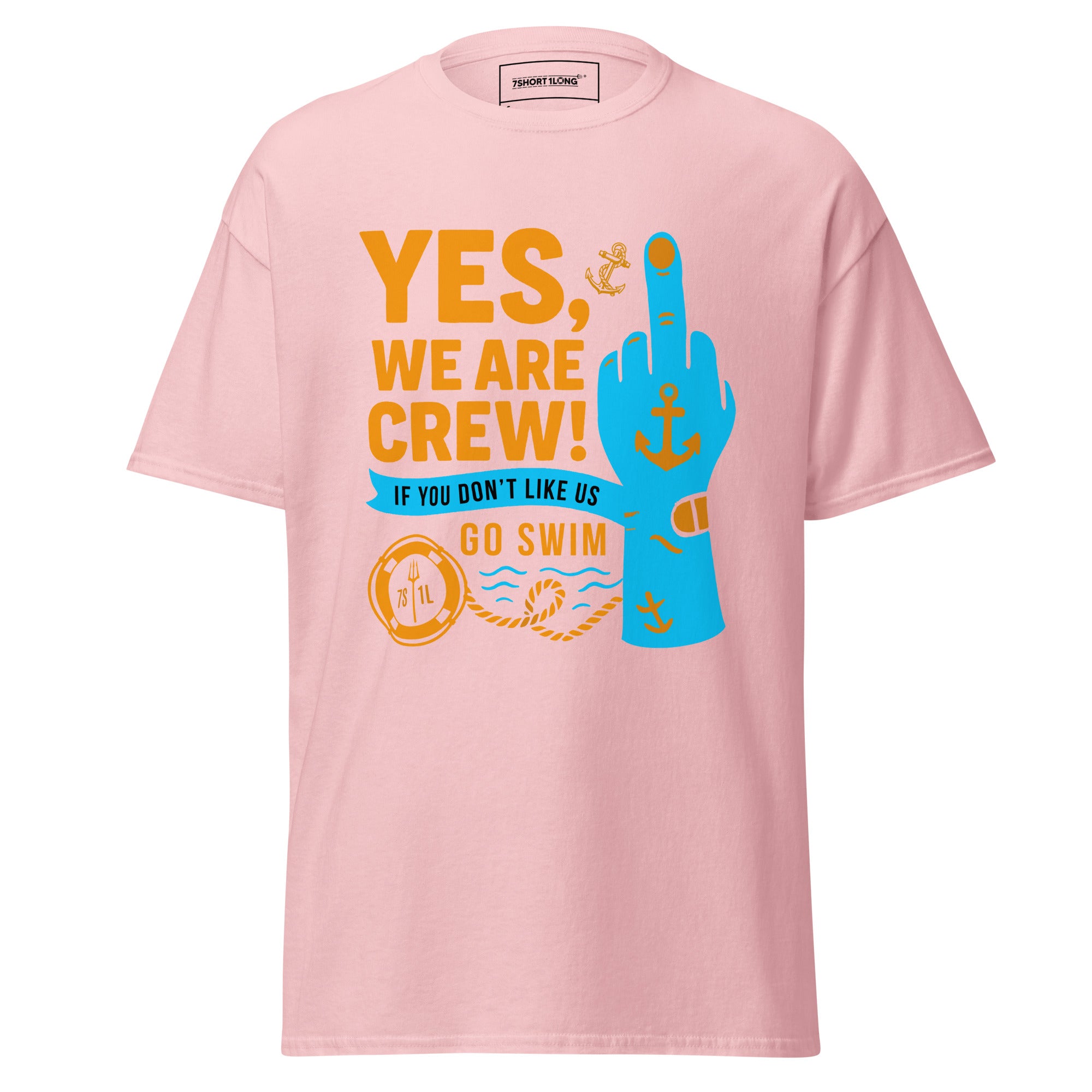 Light pink unisex crew T-shirt featuring a bold middle finger graphic, from 7SHORT1LONG® classic tee collection.