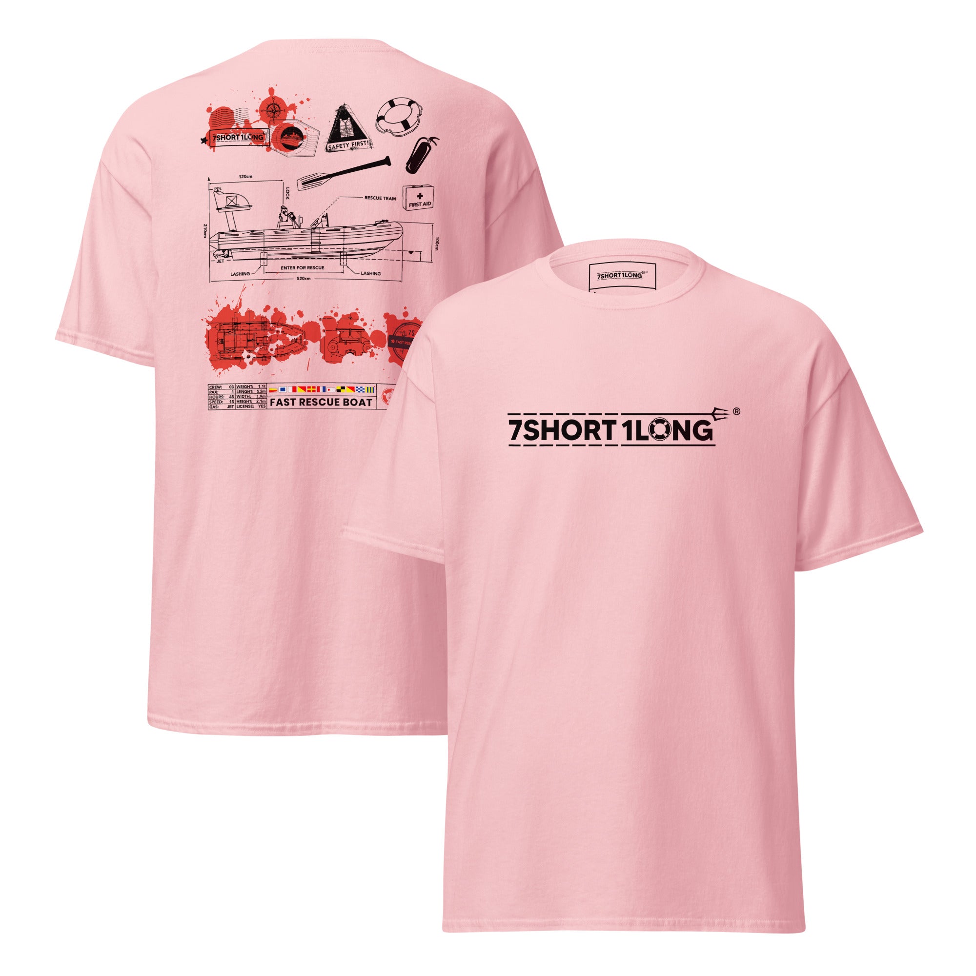 Light pink unisex Nautical Crew T-Shirt by 7SHORT1LONG® featuring a rescue boat graphic on the front and back.