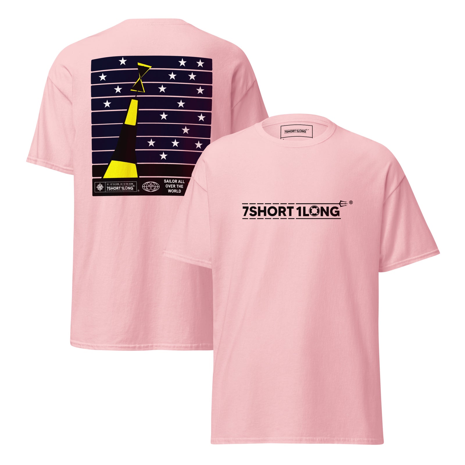 Unisex light pink nautical T-shirt featuring deck crew navigation Cardinal Sign design by 7SHORT1LONG®, front and back views.
