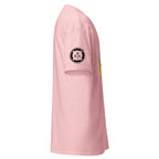 Light pink unisex Housekeeping Department T-shirt by 7SHORT1LONG®, featuring a classic crew neck and comfortable fit.