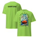 T-shirt design showing the Greek sea god Poseidon judging a tanker ship at sea, inspired by maritime mythology and ancient ocean legends.