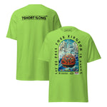 T-shirt design showing the Greek sea god Poseidon judging a container ship at sea, inspired by maritime mythology and ancient ocean legends.