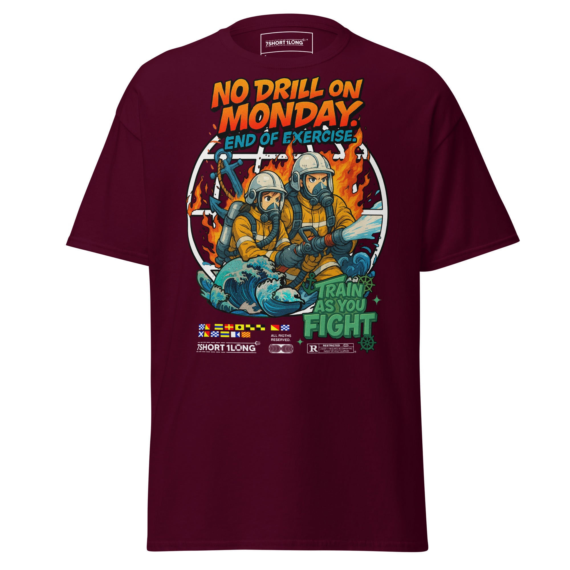 Maroon unisex Fire Drill T-Shirt by 7SHORT1LONG® featuring nautical crew safety design on front.
